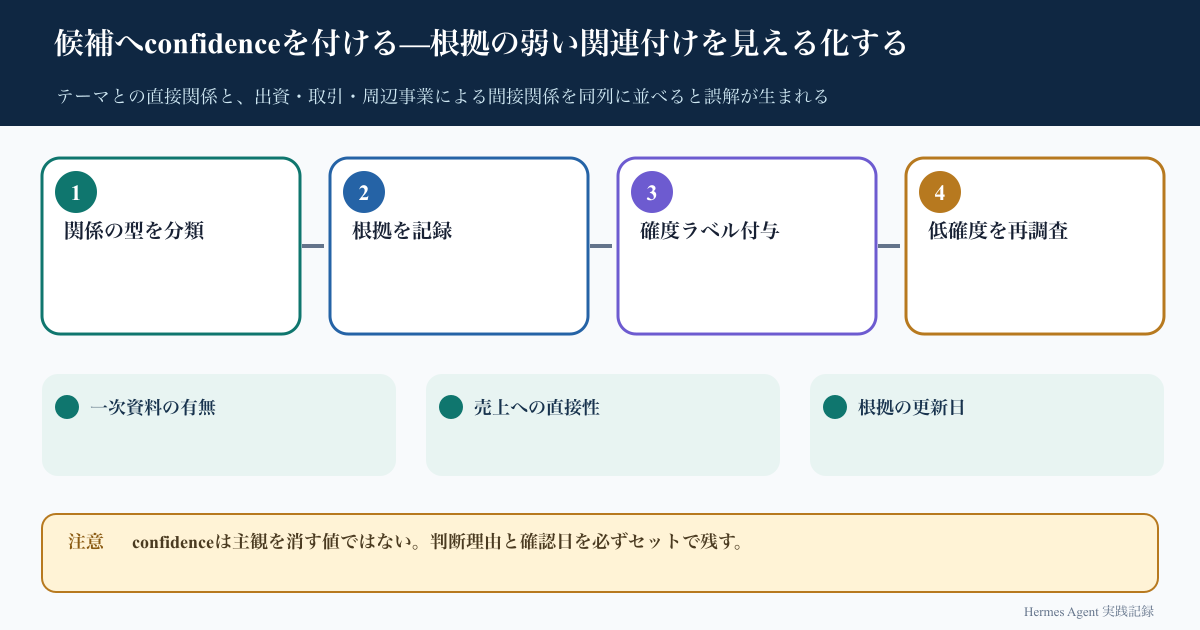 候補へconfidenceを付ける—根拠の弱い関連付けを見える化するの処理フロー