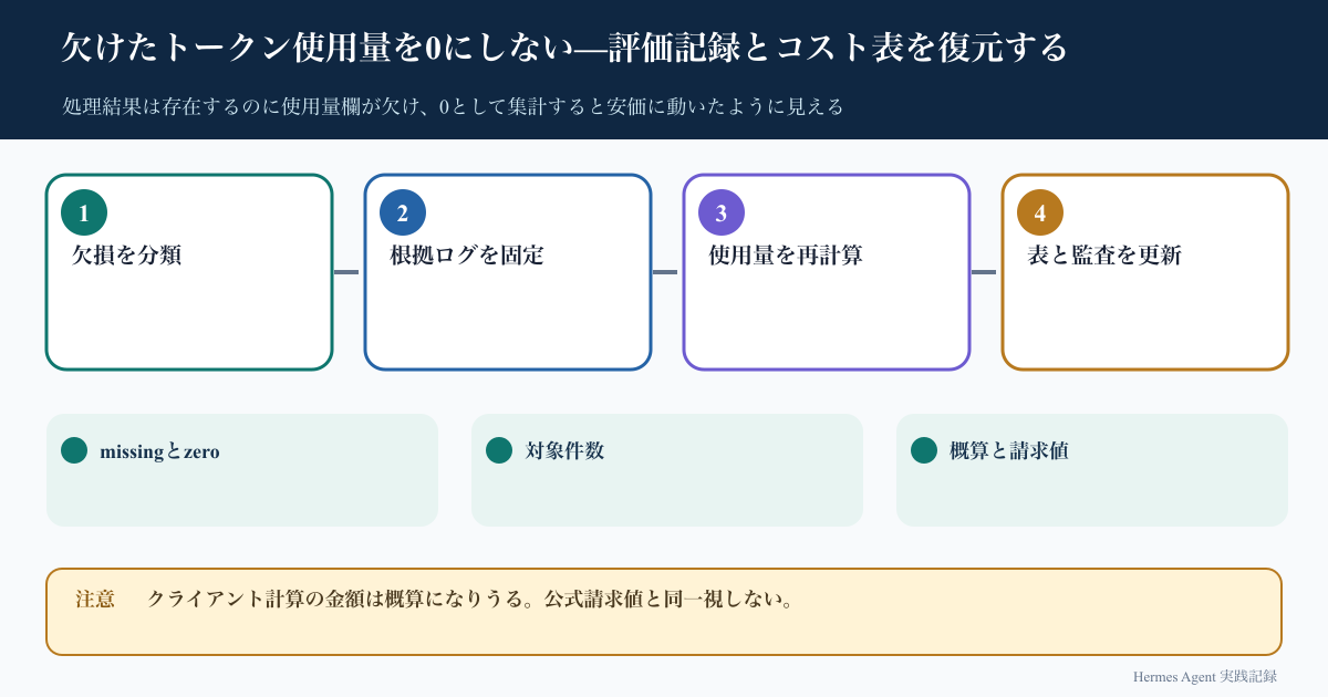 欠けたトークン使用量を0にしない—評価記録とコスト表を復元するのインフォグラフィック