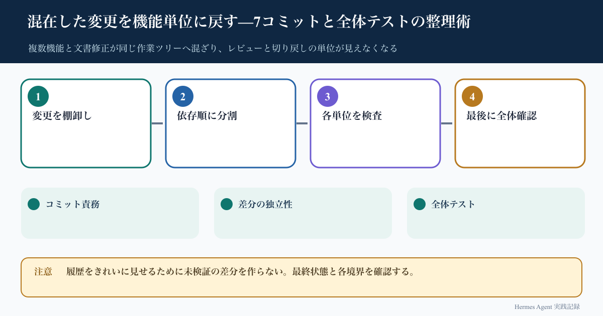 混在した変更を機能単位に戻す—7コミットと全体テストの整理術のインフォグラフィック