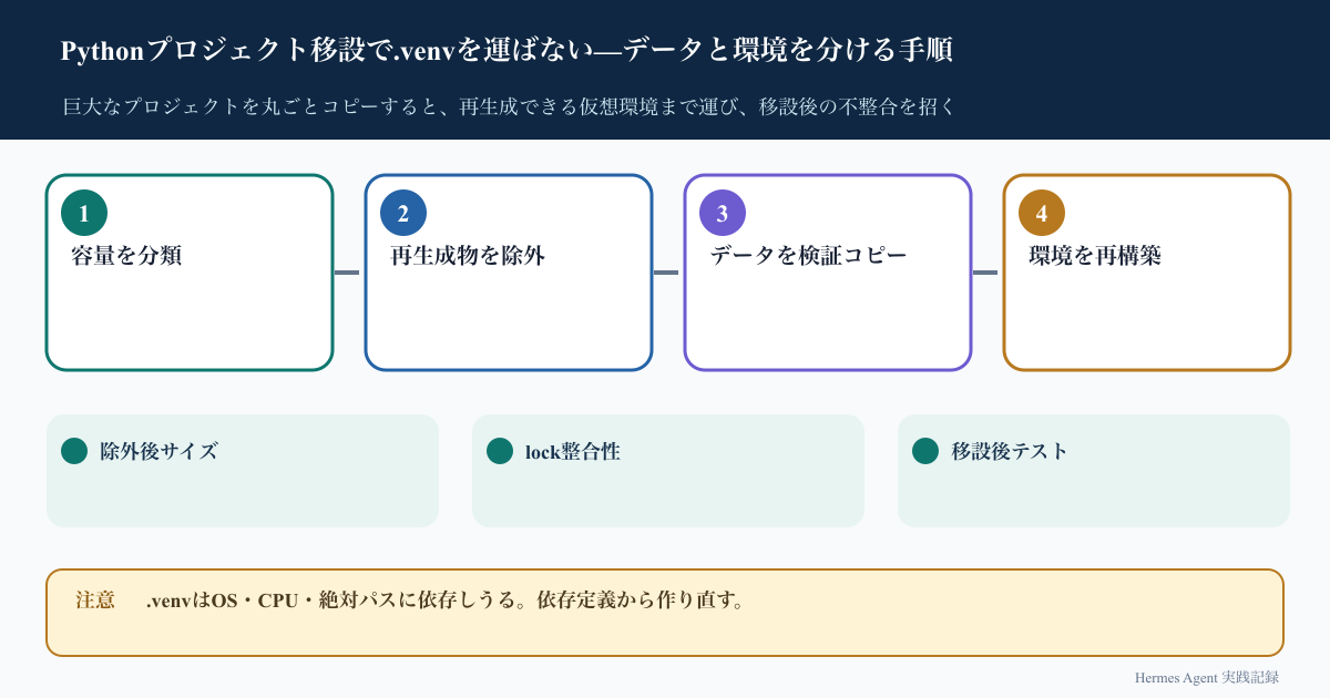 Pythonプロジェクト移設で.venvを運ばない—データと環境を分ける手順のインフォグラフィック
