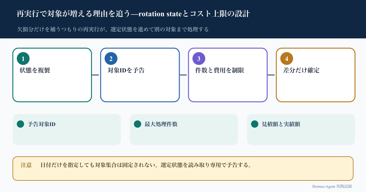 再実行で対象が増える理由を追う—rotation stateとコスト上限の設計のインフォグラフィック