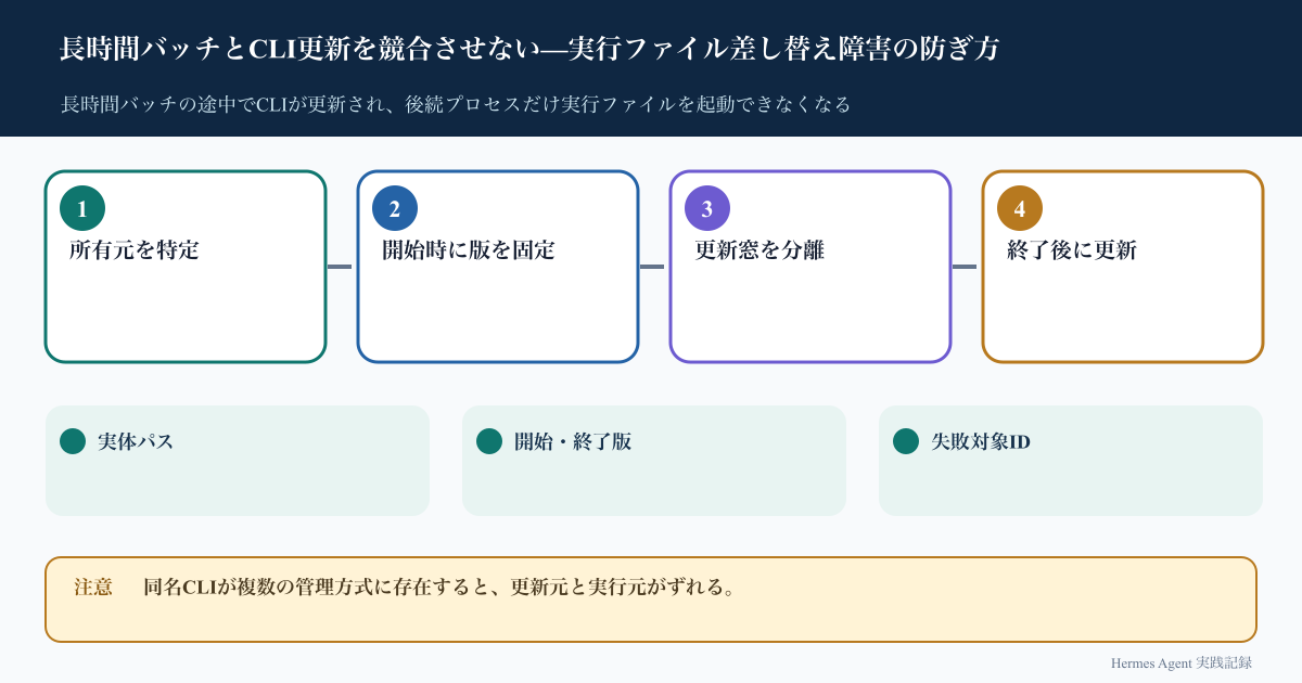 長時間バッチとCLI更新を競合させない—実行ファイル差し替え障害の防ぎ方のインフォグラフィック